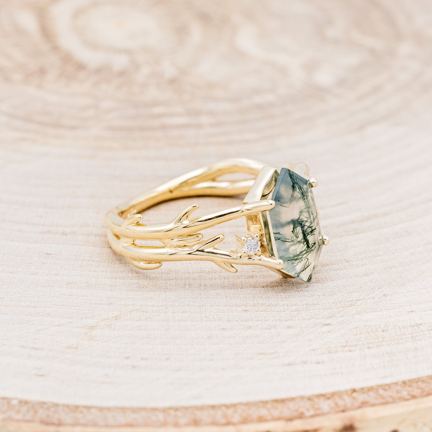 "ARTEMIS" - ELONGATED HEXAGON MOSS AGATE ENGAGEMENT RING WITH AN ANTLER STYLE BAND & DIAMOND ACCENTS - EXPEDITED-2
